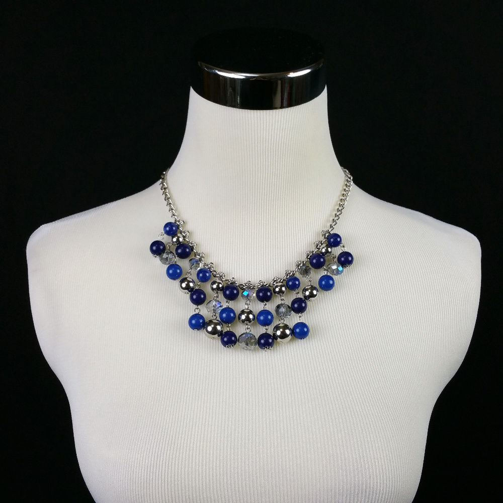 GNW Blue Cluster Bib Necklace Beads Silver NWT